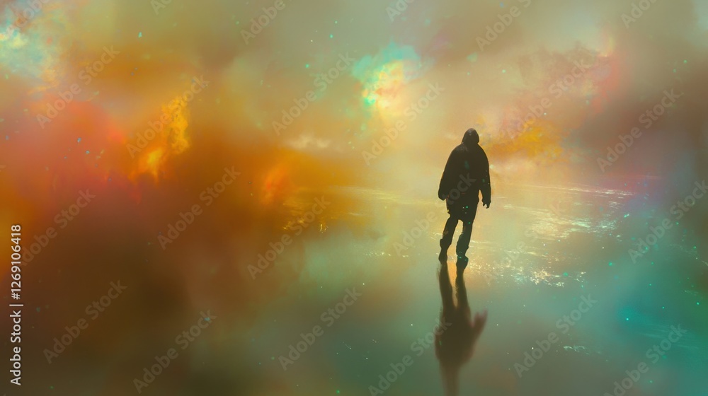Mysterious figure walking through vibrant misty landscape at dawn Mysterious figure walking through vibrant misty landscape at dawn