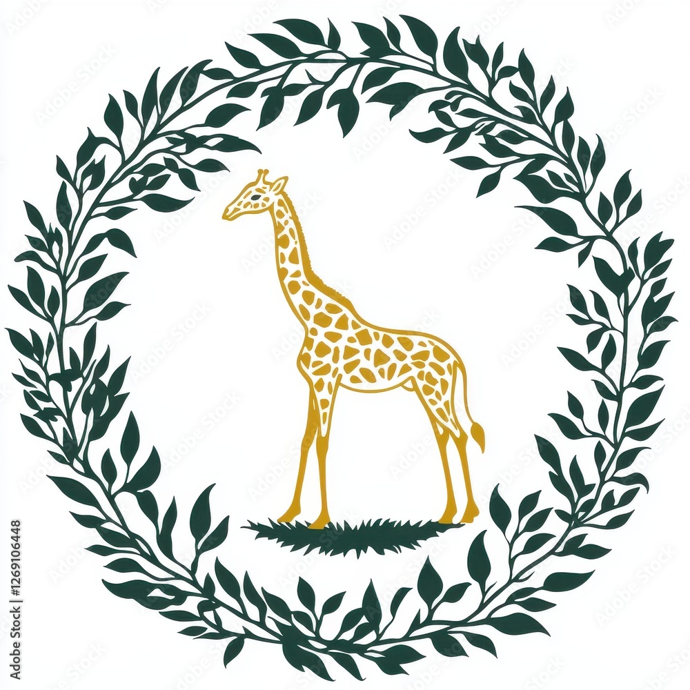 Obraz premium Elegant Giraffe Logo Surrounded by Leaves in a Circular Design