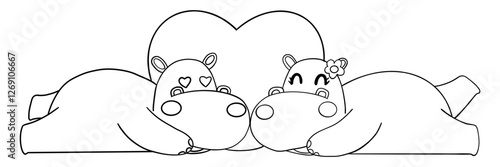 Outline coloring valentine hippo theme ,Two cartoon hippos cuddling with a heart background