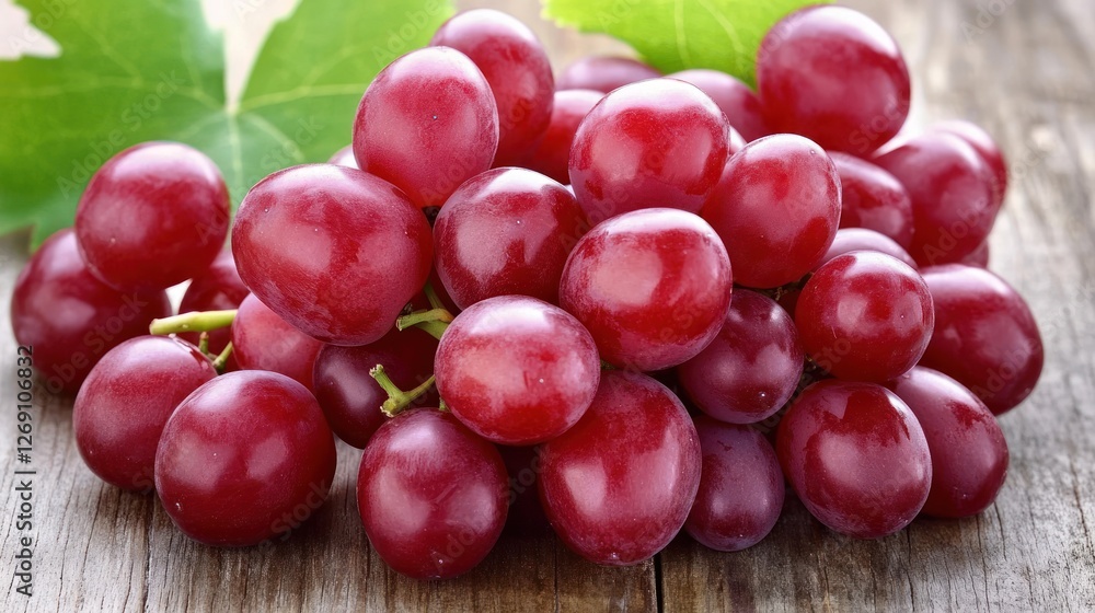 A Bunch of Fresh Red Grapes on Wooden Table A Bunch of Fresh Red Grapes on Wooden Table