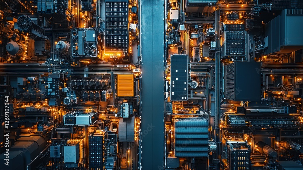 Aerial night view industrial complex, waterway, city