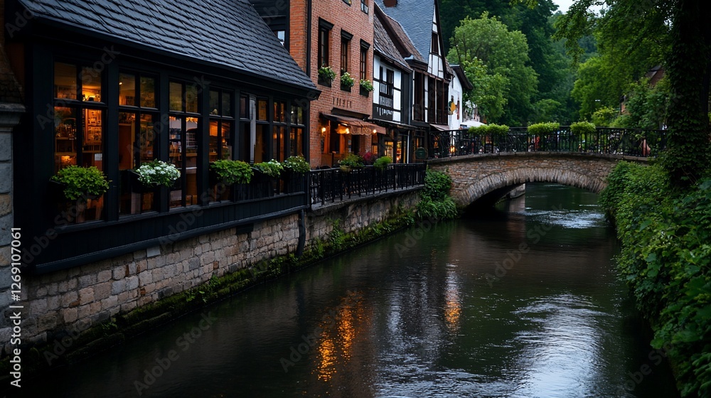 Charming European town reflected in canal waters at twilight hour Charming European town reflected in canal waters at twilight hour