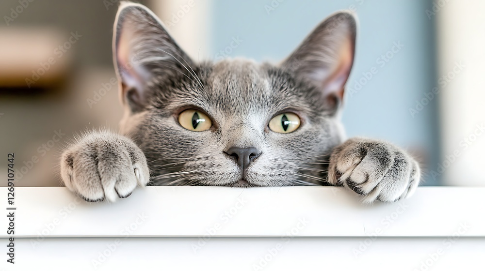 A Curious Gray Cat Peeking Over a White Surface with Big Bright Eyes A Curious Gray Cat Peeking Over a White Surface with Big Bright Eyes