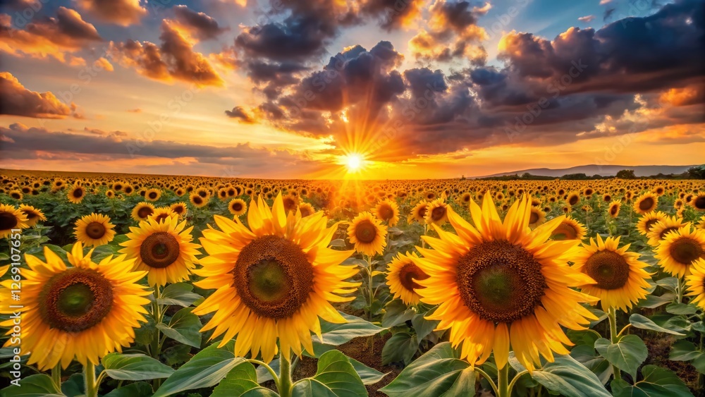 Fototapeta premium Panoramic View of a Vibrant Sunflower Field at Sunset