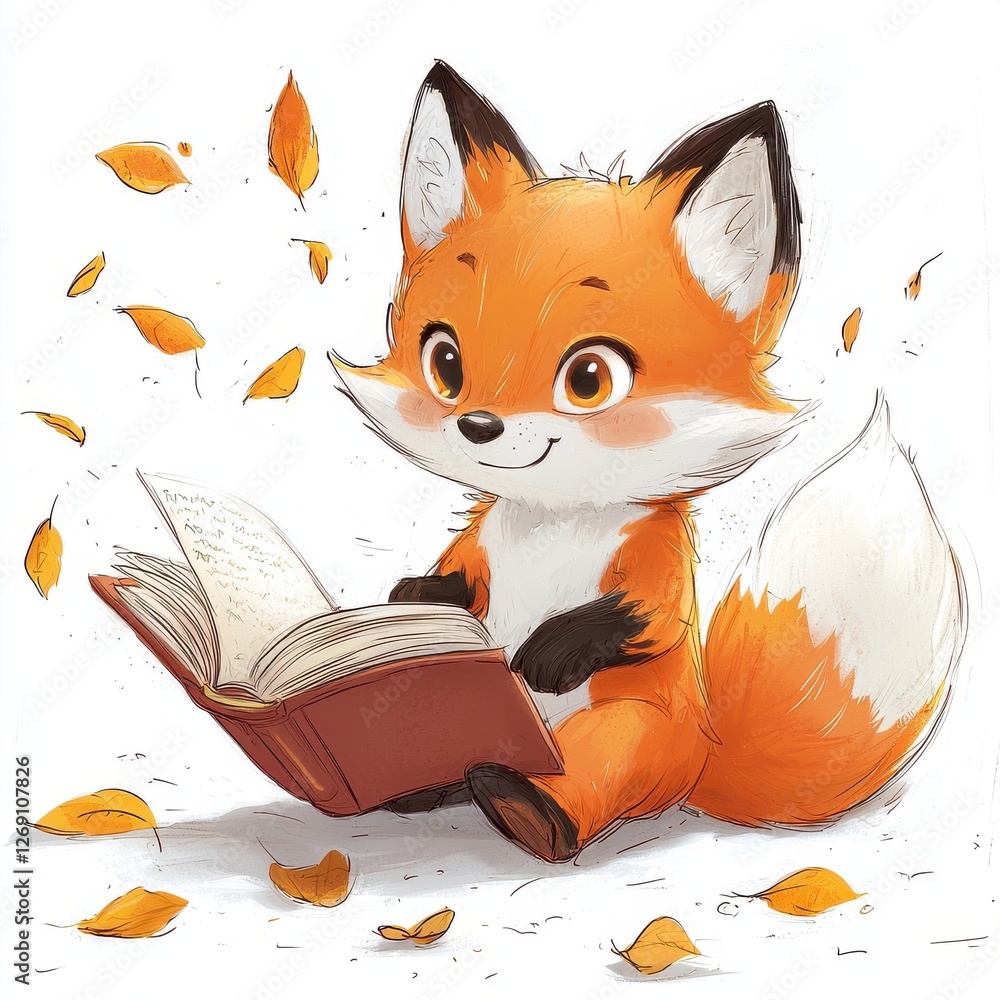 Obraz premium Cute Little Fox Enjoying a Book Surrounded by Falling Leaves