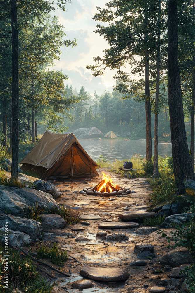 Serene camping scene featuring tent by tranquil lake, surrounded by trees and campfire. Serene camping scene featuring tent by tranquil lake, surrounded by trees and campfire.
