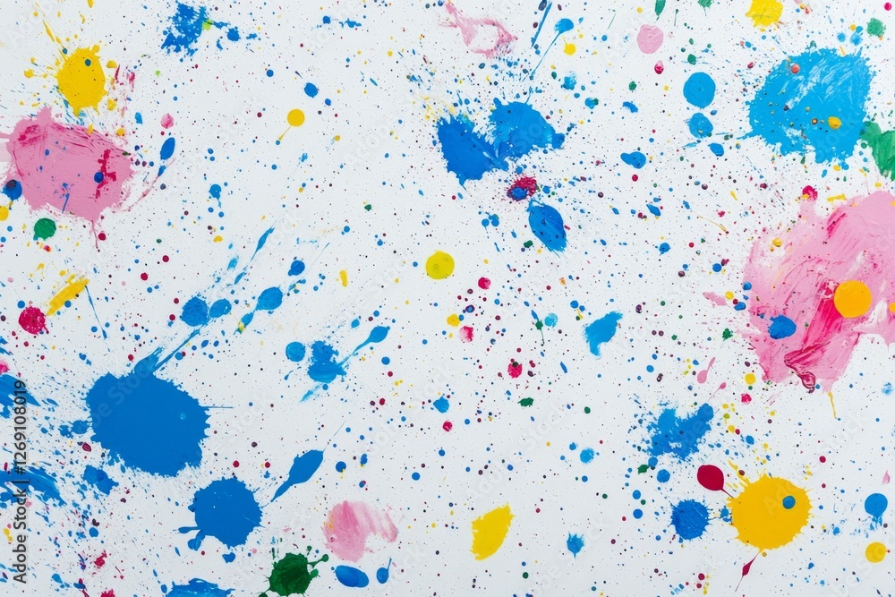 Colorful paint splatters on white background, studio shot, texture, design Colorful paint splatters on white background, studio shot, texture, design