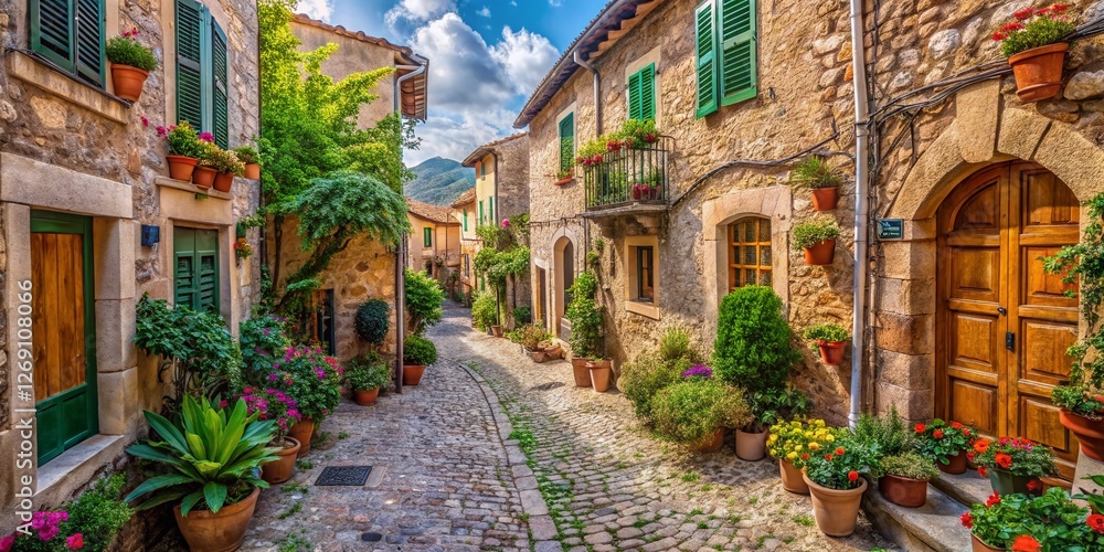 Fototapeta premium Panoramic View of Authentic Old Streets in Valdemossa, Mallorca, Spain