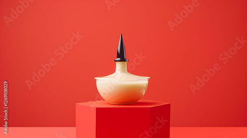 On a platform with a gentle red backdrop a prototype of an empty sauce container marked with a black tip