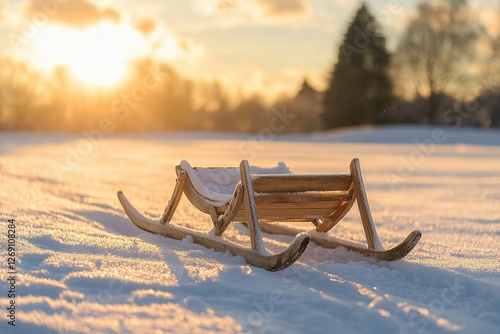 Wallpaper Mural Wooden Sled on Snowy Landscape at Sunset with Soft Natural Light Torontodigital.ca