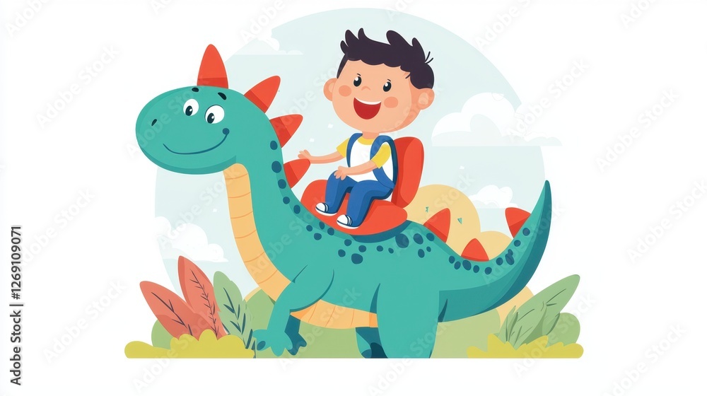 Child enjoys a joyful ride on a friendly dinosaur in a colorful landscape during a sunny day Child enjoys a joyful ride on a friendly dinosaur in a colorful landscape during a sunny day