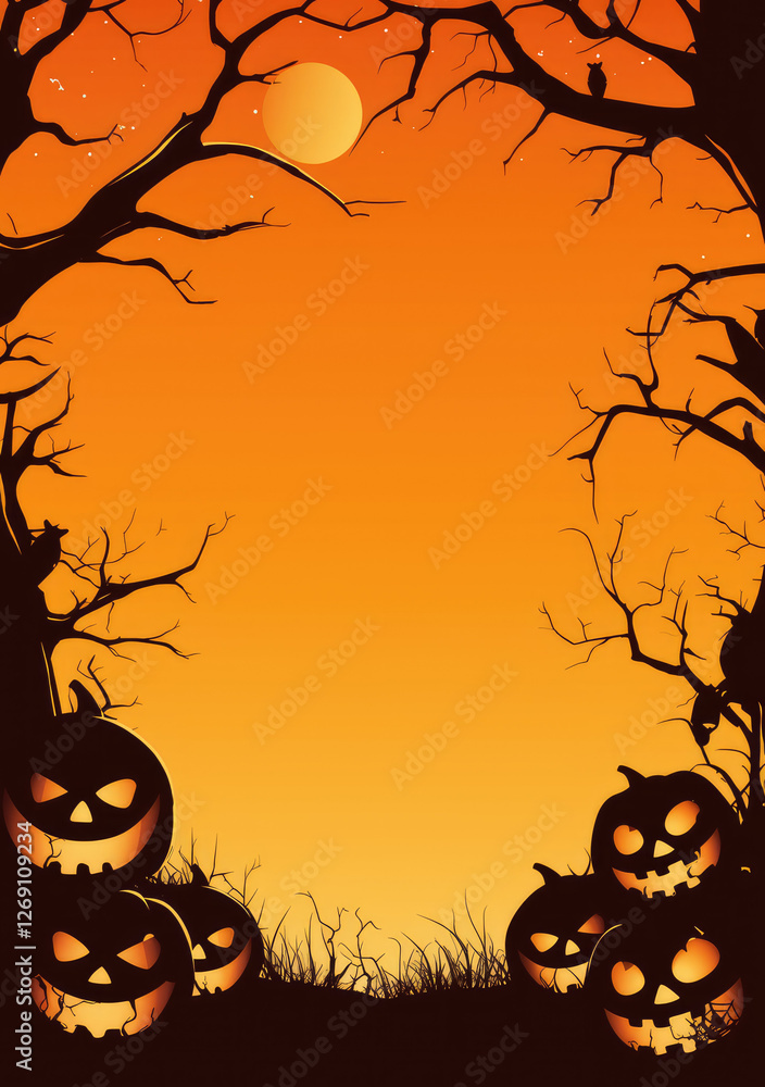 spooky Halloween scene with glowing jack o lanterns and bare trees under full moon creates eerie atmosphere. orange sky adds to haunting mood of illustration spooky Halloween scene with glowing jack o lanterns and bare trees under full moon creates eerie atmosphere. orange sky adds to haunting mood of illustration