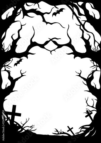 spooky tree frame illustration with twisted branches and eerie atmosphere, perfect for Halloween themed designs. dark, intricate branches create haunting border, adding mysterious touch to any
