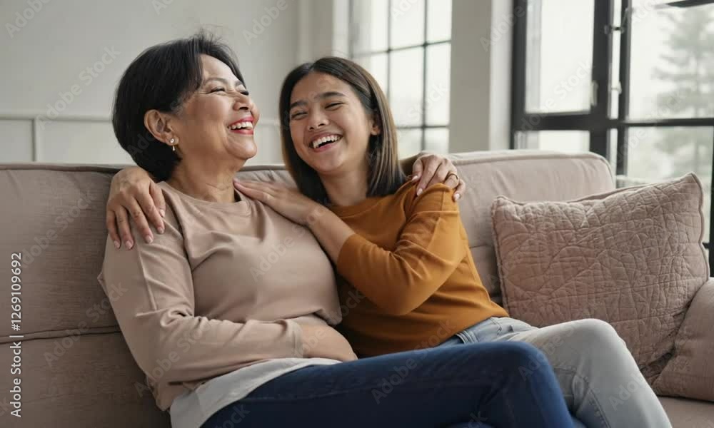 Joyful grandmother and granddaughter embracing and laughing on a couch. Joyful grandmother and granddaughter embracing and laughing on a couch.
