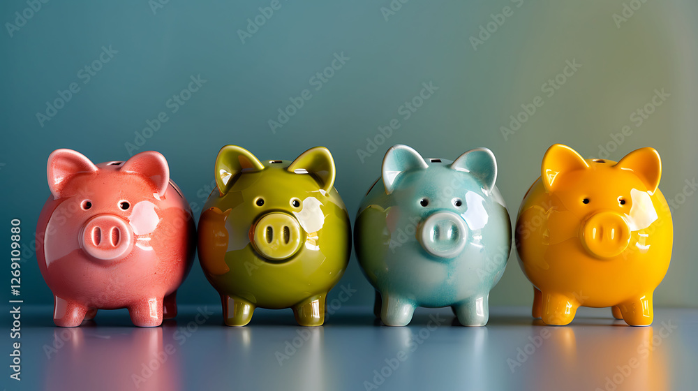 On the surface in front view four piggy banks in multiple hues are arranged in a straight line On the surface in front view four piggy banks in multiple hues are arranged in a straight line