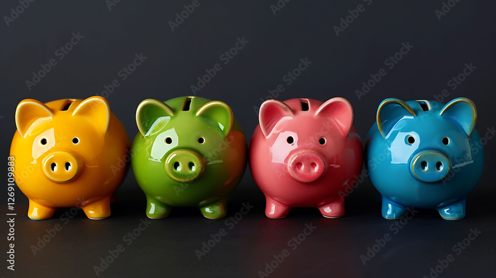 On the surface in front view four piggy banks in multiple hues are arranged in a straight line On the surface in front view four piggy banks in multiple hues are arranged in a straight line
