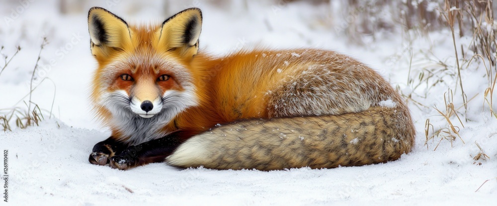 Fototapeta premium A red fox curled up in the snow, its fur blending with the white landscape