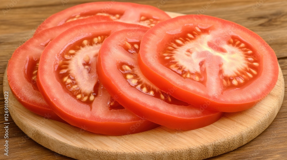 Sliced Tomatoes on Wooden Board: A Close-Up View of Fresh, Juicy Tomato Slices Sliced Tomatoes on Wooden Board: A Close-Up View of Fresh, Juicy Tomato Slices