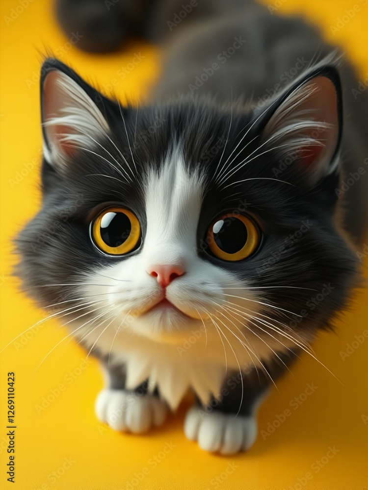 Fototapeta premium black and white cat ,yellow background Very cute little kitten 