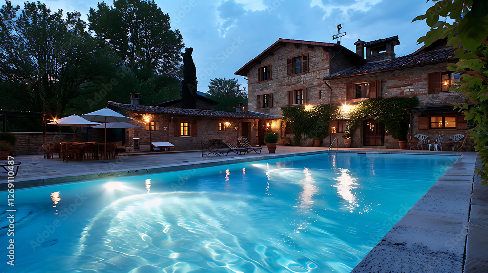 Fototapeta premium Opulent rustic hotel with a rural swimming pool