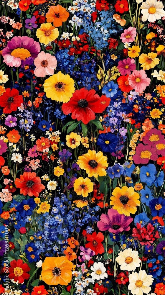 Wildflower meadow captured in breathtaking realism, with a seamless pattern of swaying blossoms bathed in the warm glow of sunset Wildflower meadow captured in breathtaking realism, with a seamless pattern of swaying blossoms bathed in the warm glow of sunset