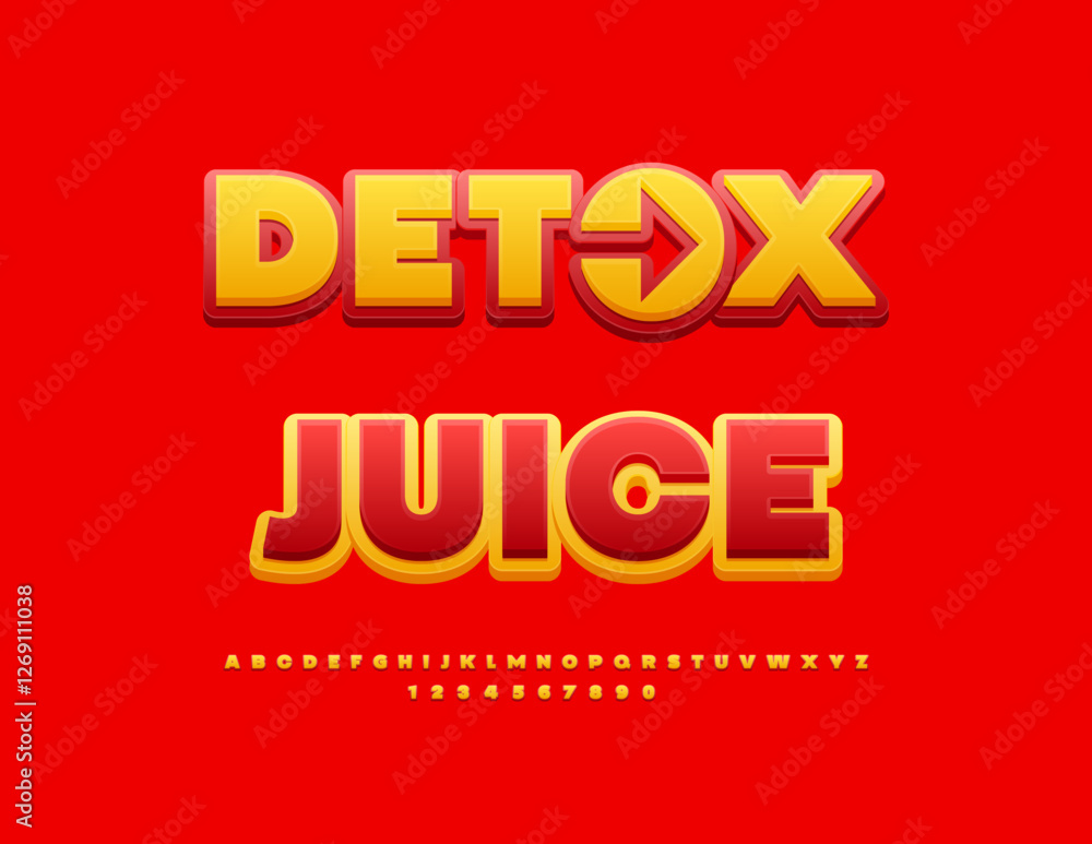 Vector Creative label Detox Juice with Decorative Arrow. Yellow and Red Cute Font. Decorative Alphabet Letters and Numbers set. Vector Creative label Detox Juice with Decorative Arrow. Yellow and Red Cute Font. Decorative Alphabet Letters and Numbers set.