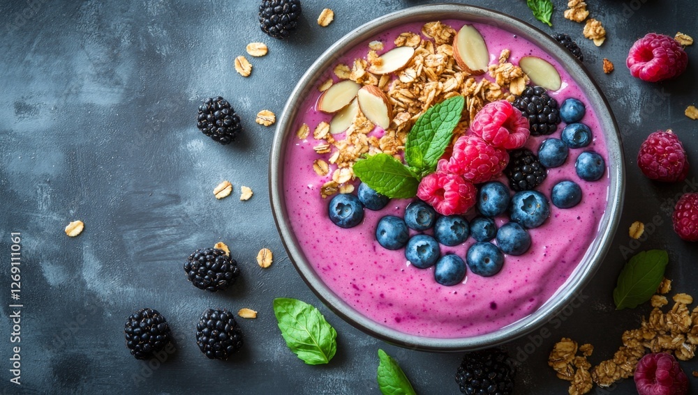 Delicious berry smoothie bowl with granola, overhead Delicious berry smoothie bowl with granola, overhead