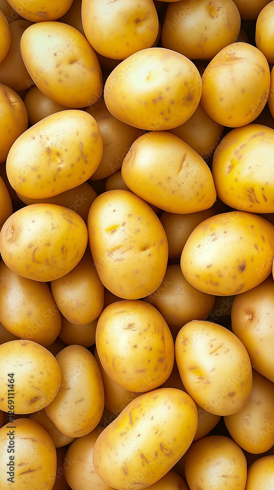 Numerous golden potatoes, freshly harvested, create a visually appealing and textured background, emphasizing the abundance and natural beauty of this staple crop Numerous golden potatoes, freshly harvested, create a visually appealing and textured background, emphasizing the abundance and natural beauty of this staple crop