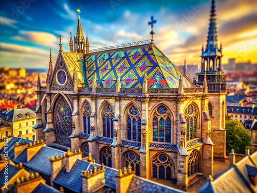 Parisian Cathedral: Miniature Mosaic Roof & Gothic Windows - Tilt-Shift Stock Photo photo