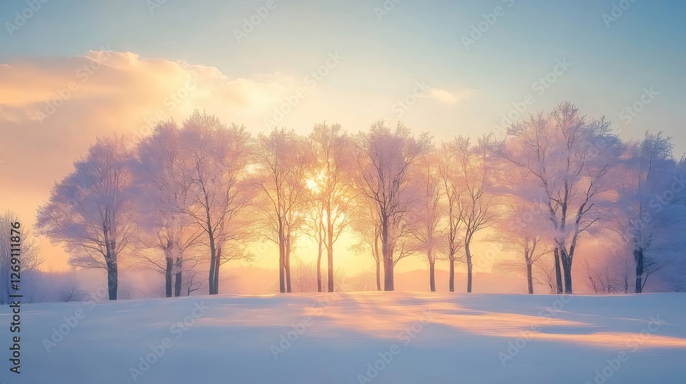 Frosty sunrise winter trees snowy field Frosty sunrise winter trees snowy field