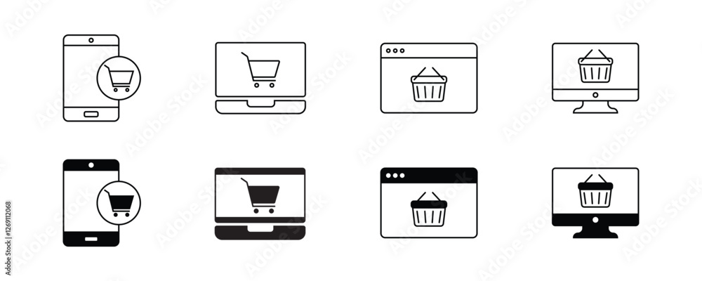 E-commerce line and flat icon set. Shopping cart on electronic mobile and devices icon symbol on white background with editable stroke for apps and websites. Vector illustration EPS 10 E-commerce line and flat icon set. Shopping cart on electronic mobile and devices icon symbol on white background with editable stroke for apps and websites. Vector illustration EPS 10