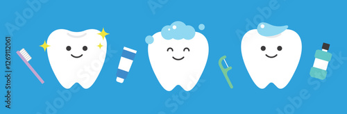 Dental, clinic, medical, hospital concept illustration. Illustrations of cute teeth characters and objects related to brushing teeth such as toothpaste, toothbrush, and dental floss.