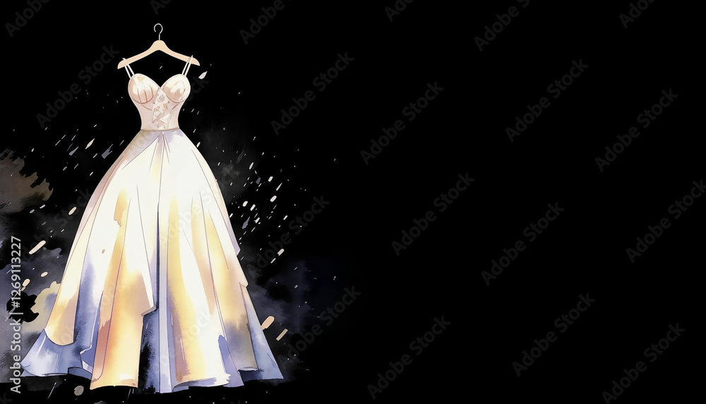 a white, lush, wedding dress on a black background. evening wear. watercolor illustration. artificial intelligence generator, AI, neural network image. background for the design. a white, lush, wedding dress on a black background. evening wear. watercolor illustration. artificial intelligence generator, AI, neural network image. background for the design.