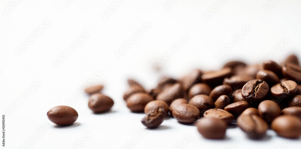 Scattered coffee beans on pristine white backdrop , product, texture Scattered coffee beans on pristine white backdrop , product, texture