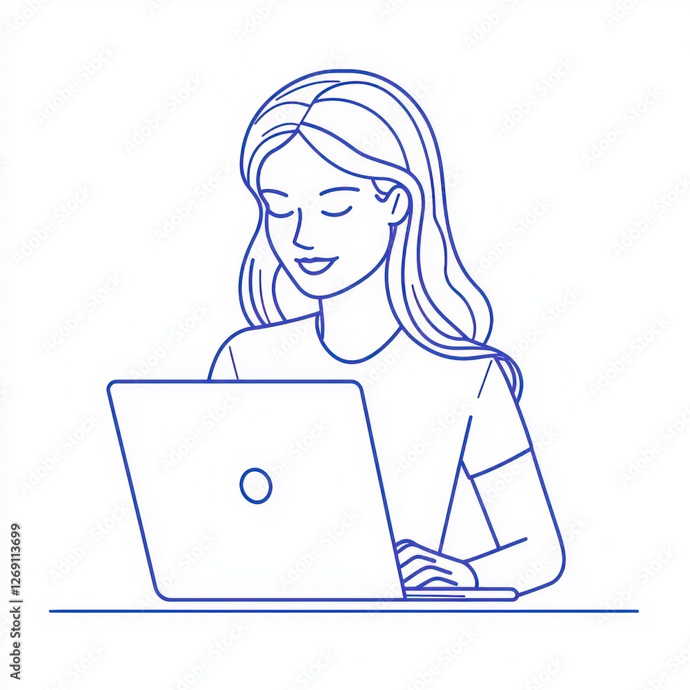 Simple Line Drawing of Woman Typing on Laptop in Minimalist Style Simple Line Drawing of Woman Typing on Laptop in Minimalist Style