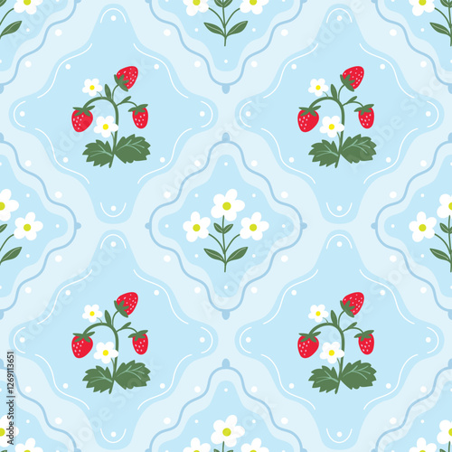Strawberries and flowers seamless pattern, vintage spring and summer wallpaper, charming  country style background