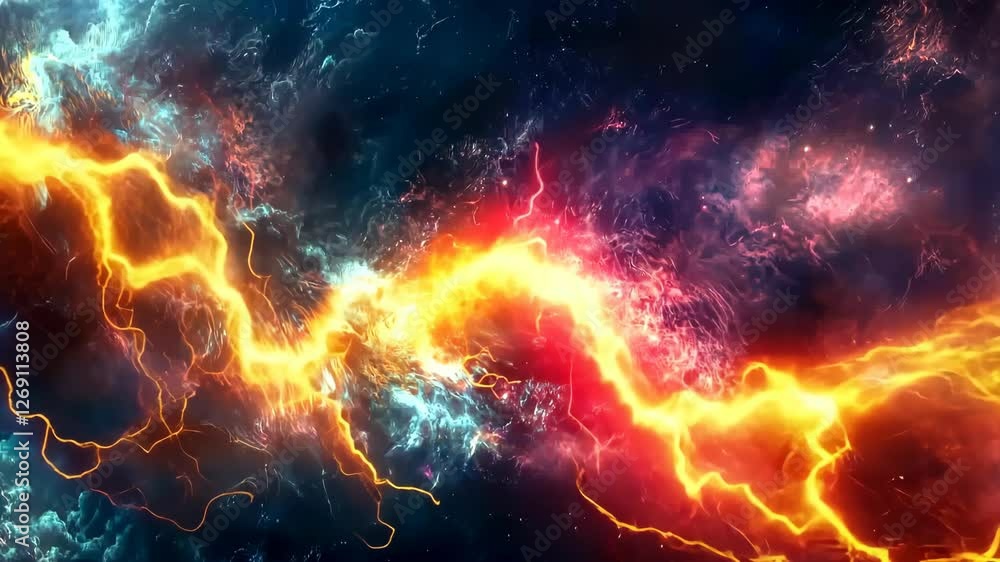 A colorful, glowing, and dynamic space scene with a bright yellow and red lightning bolt. Concept of energy and excitement, as if the viewer is witnessing a powerful and dynamic event in space A colorful, glowing, and dynamic space scene with a bright yellow and red lightning bolt. Concept of energy and excitement, as if the viewer is witnessing a powerful and dynamic event in space