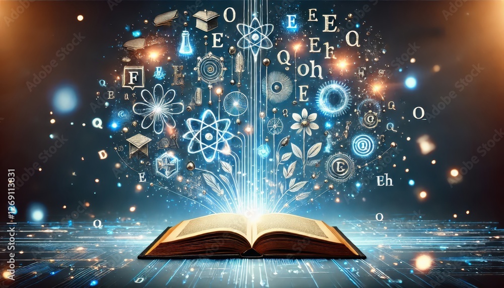 custom made wallpaper toronto digitalA concept representing the future of education. The design features an open book at the center with glowing abstract symbols around it.