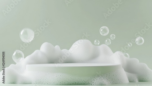 Pastel green backdrop with white foam podium and bubbles