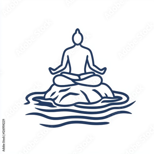 Simple Line Drawing of a Person Meditating on a Rock Over Water Surface