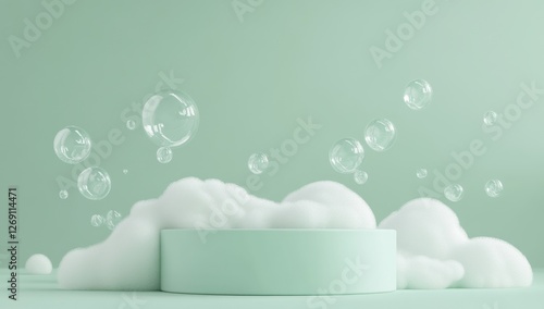 Mint green podium with soap suds and bubbles