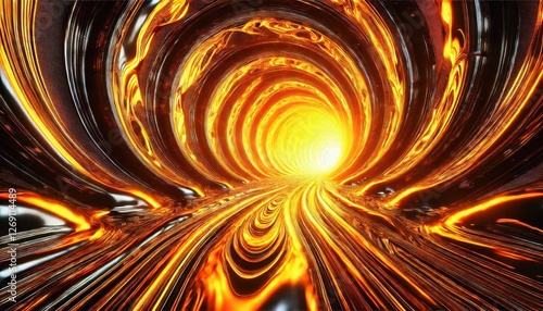 A tunnel of glowing liquid metal molten and radiant emitting intense orangeyellow light stretching infinitely. photo