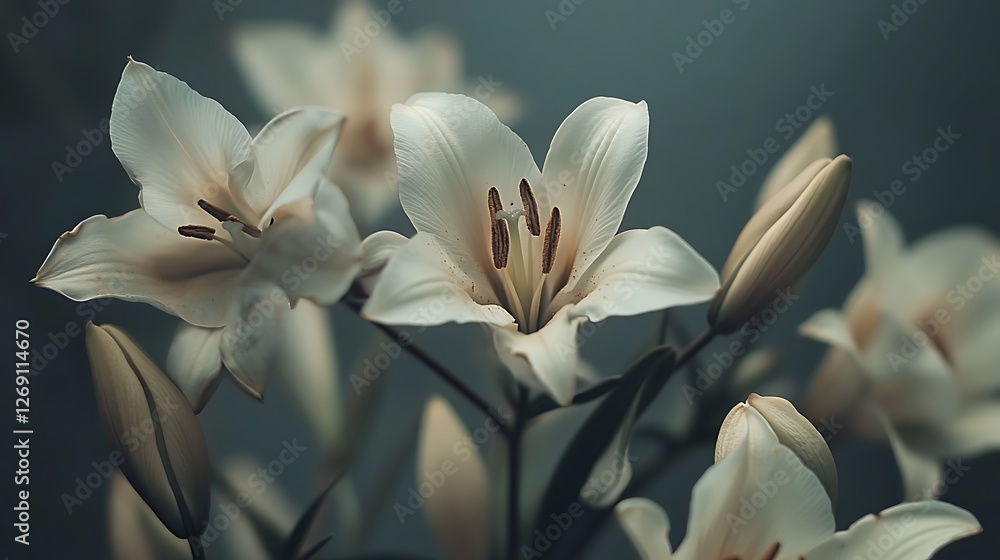 Obraz premium A close up of white lilies with a dark background