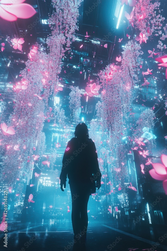 A silhouette of a person stands in a vibrant, futuristic cityscape adorned with glowing pink flowers and ethereal lights, creating a dreamlike atmosphere A silhouette of a person stands in a vibrant, futuristic cityscape adorned with glowing pink flowers and ethereal lights, creating a dreamlike atmosphere