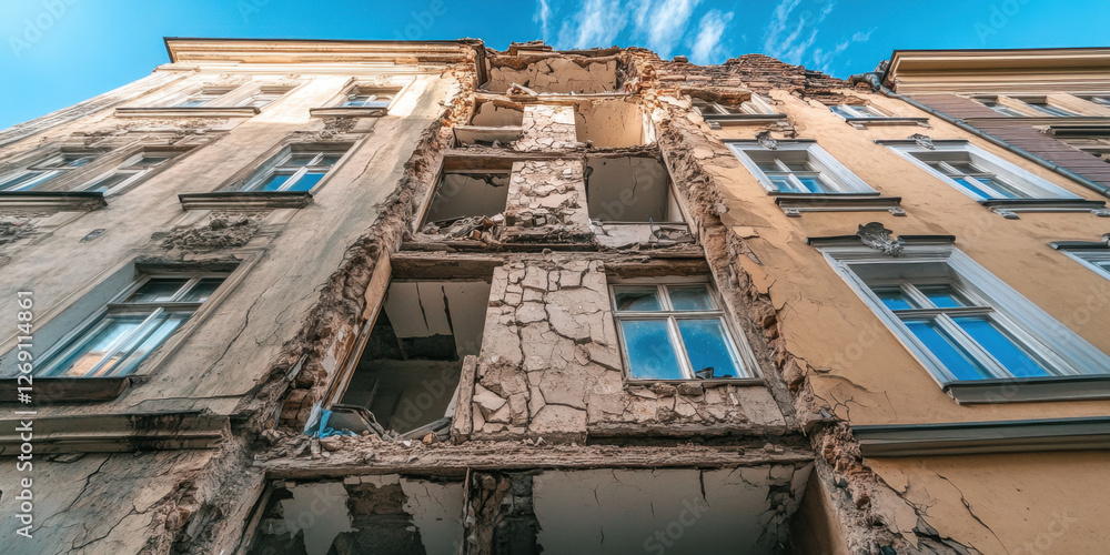 Cracked walls of a building reveal significant damage, showcasing the effects of neglect and potential structural failure in an urban area Cracked walls of a building reveal significant damage, showcasing the effects of neglect and potential structural failure in an urban area