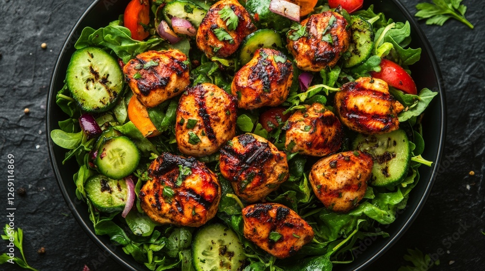 A vibrant salad topped with grilled chicken, fresh vegetables, and herbs. A vibrant salad topped with grilled chicken, fresh vegetables, and herbs.