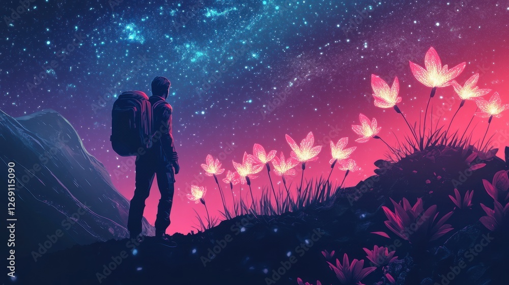 A solitary hiker stands on a vibrant hillside adorned with glowing flowers, gazing at a starry sky filled with cosmic colors, creating a serene and magical atmosphere A solitary hiker stands on a vibrant hillside adorned with glowing flowers, gazing at a starry sky filled with cosmic colors, creating a serene and magical atmosphere