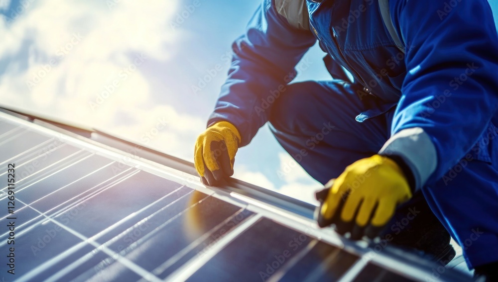 Solar Panel Installation: A Technician Carefully Working on a Rooftop Solar System Solar Panel Installation: A Technician Carefully Working on a Rooftop Solar System