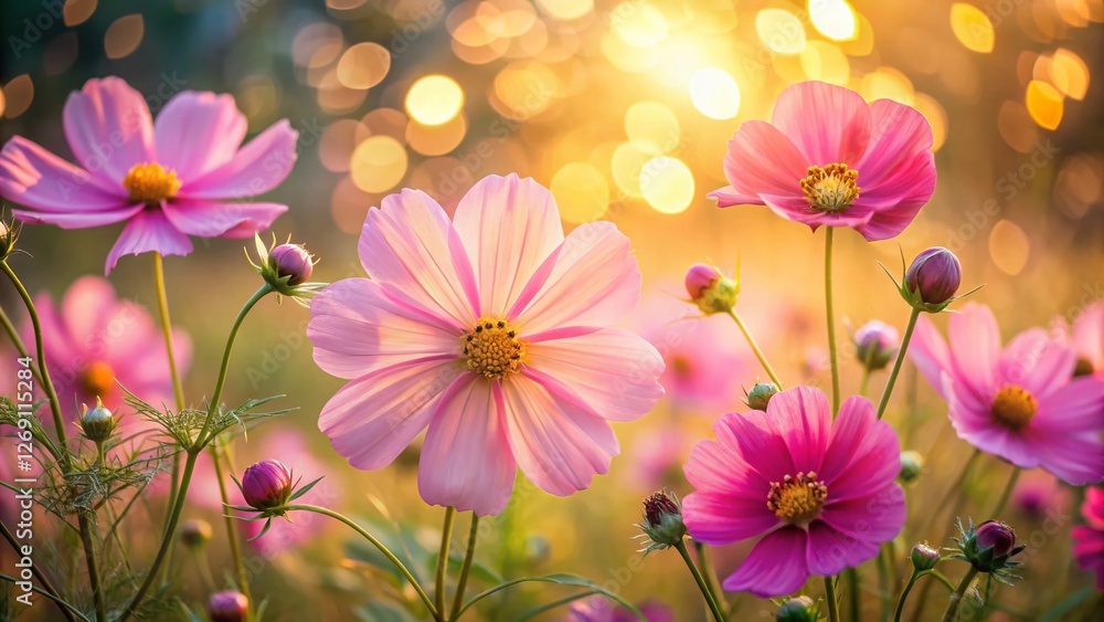 Fototapeta premium Pink Cosmos Flowers in Summer Evening with Colorful Bokeh Background