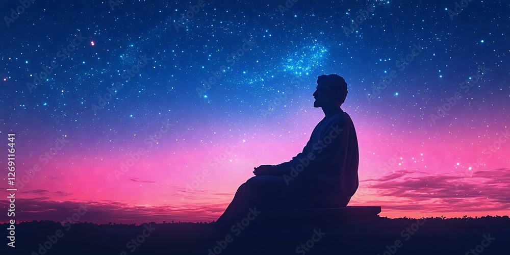 Silhouette of a person meditating under a starry night sky with a vibrant purple and blue gradient, symbolizing peace and introspection. Silhouette of a person meditating under a starry night sky with a vibrant purple and blue gradient, symbolizing peace and introspection.